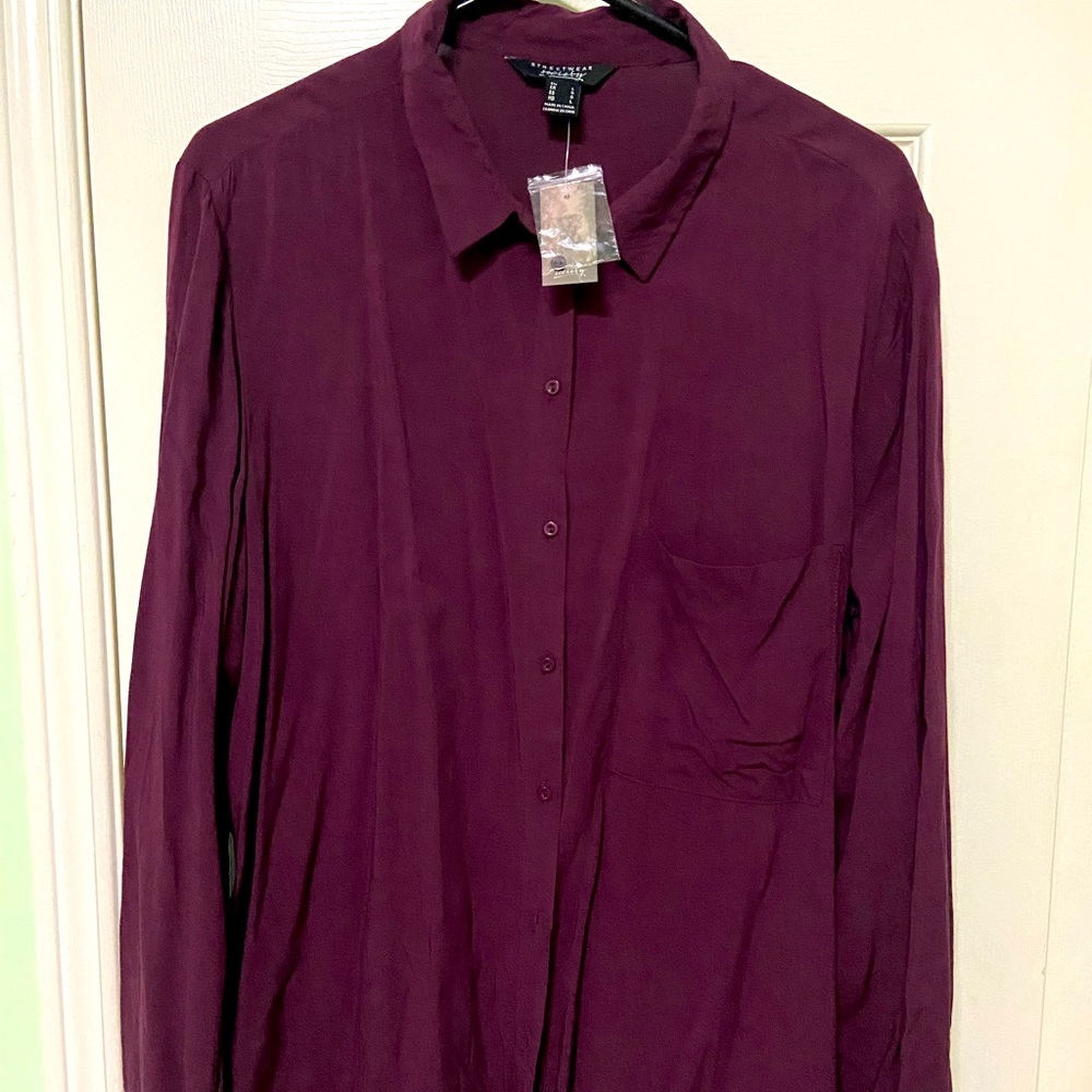 Long sleeve, burgundy button down chiffon top